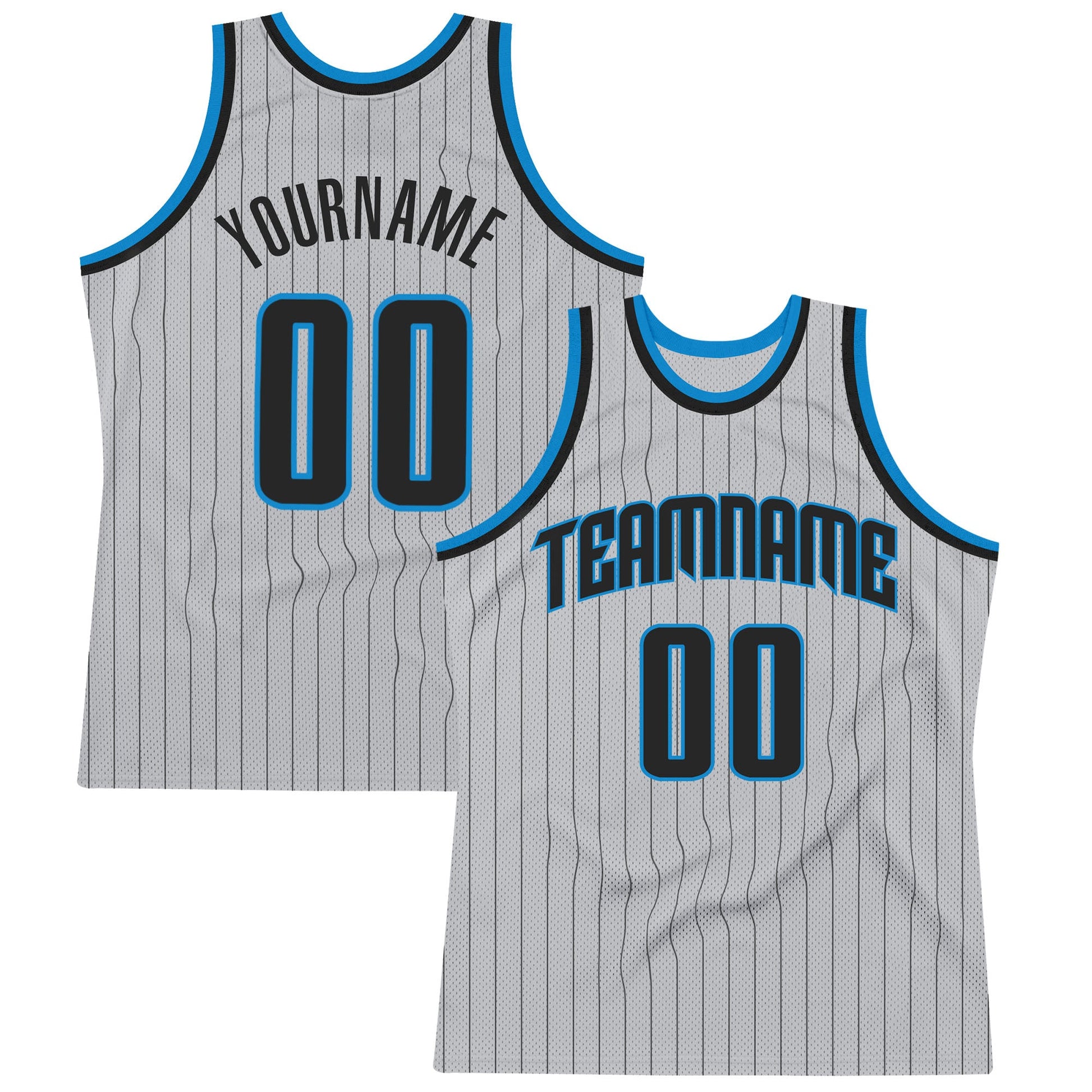 Custom Gray Black Pinstripe Black-Blue Authentic Basketball Jersey - Main View
