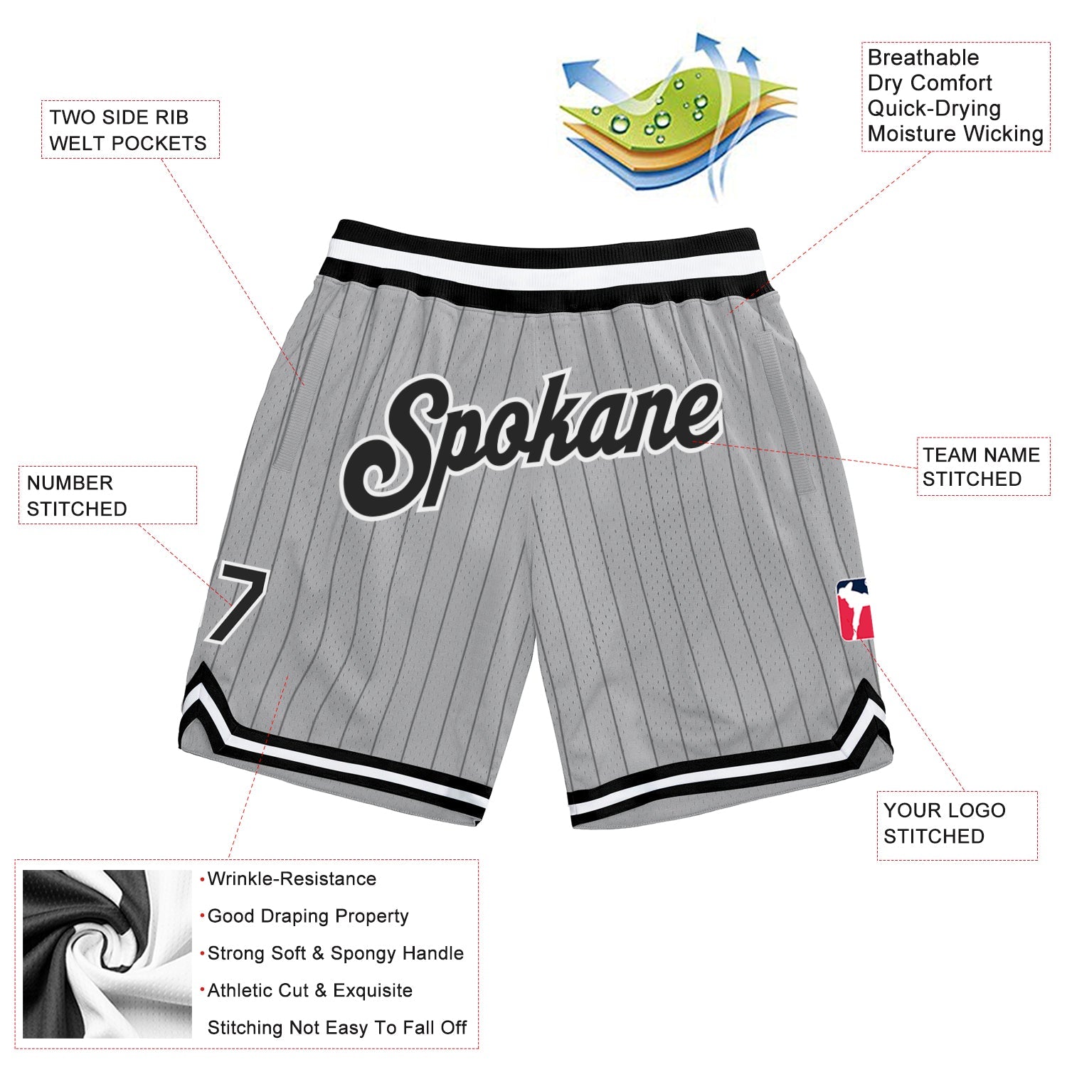 Custom Gray Black Pinstripe Black-White Authentic Basketball Shorts view 2
