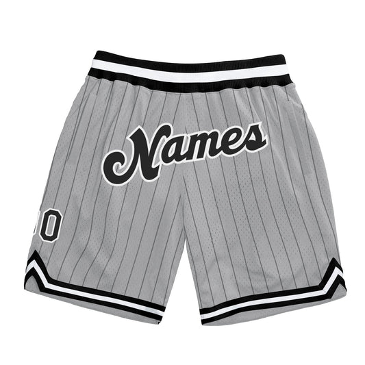 Custom Gray Black Pinstripe Black-White Authentic Basketball Shorts - Main View