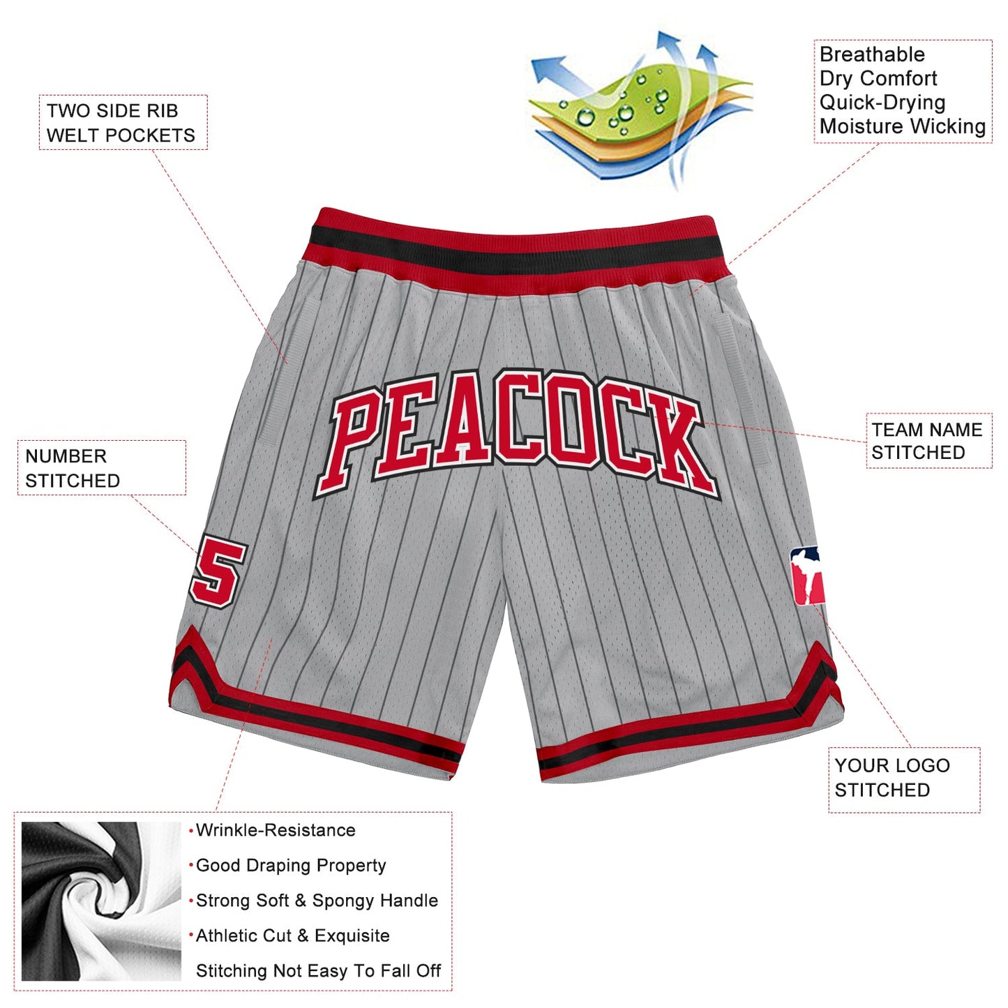 Custom Gray Black Pinstripe Red-White Authentic Basketball Shorts view 2