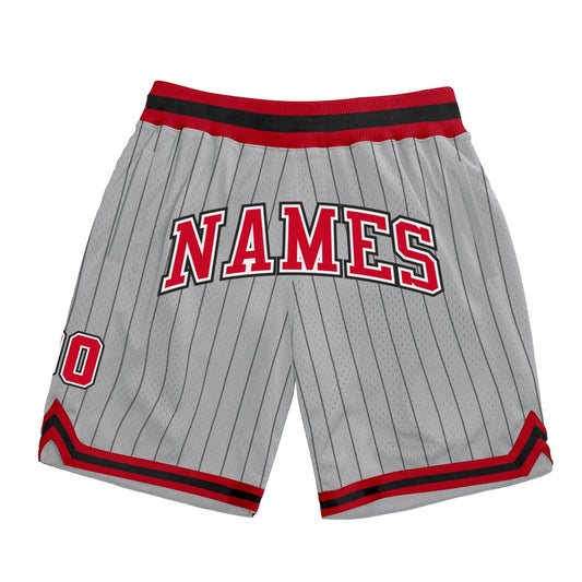 Custom Gray Black Pinstripe Red-White Authentic Basketball Shorts - Main View