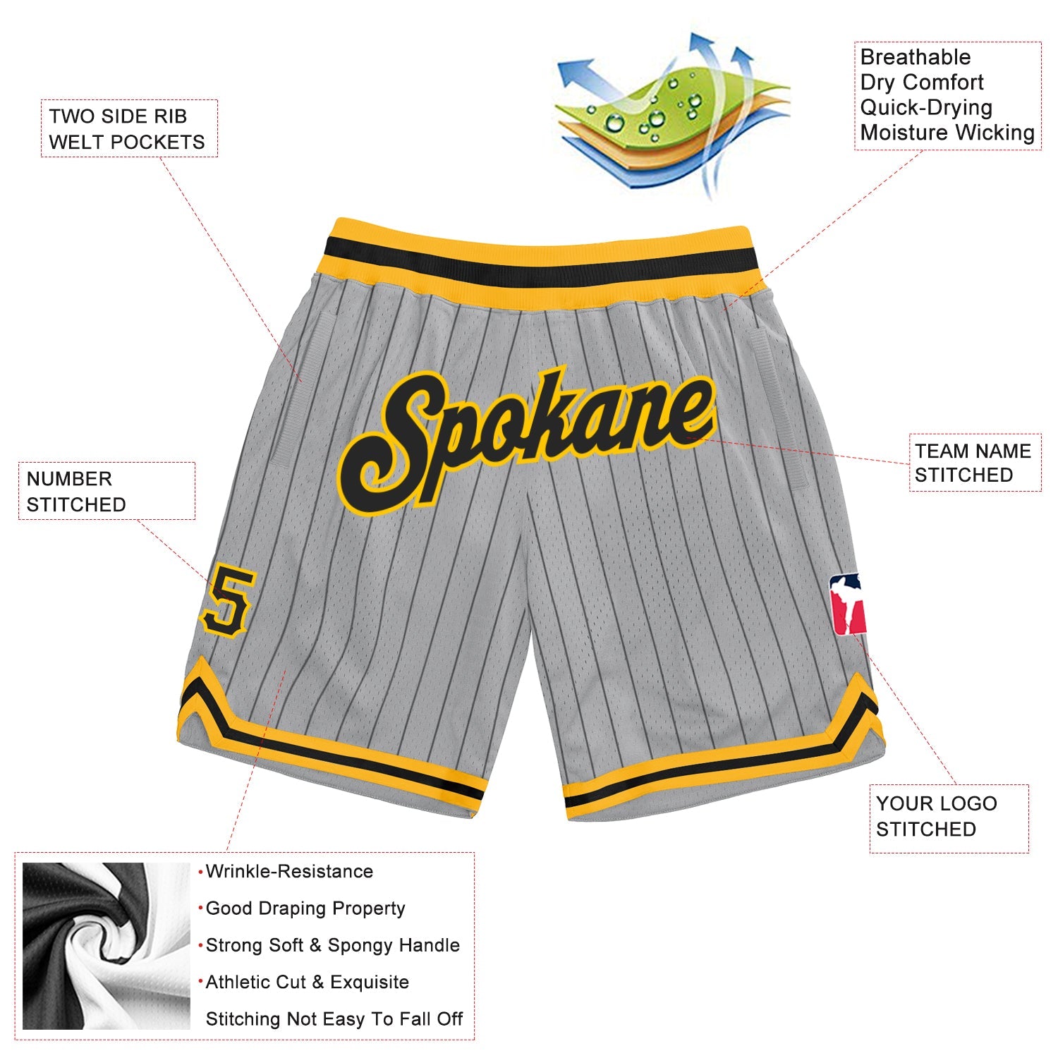 Custom Gray Black Pinstripe Black-Gold Authentic Basketball Shorts view 2