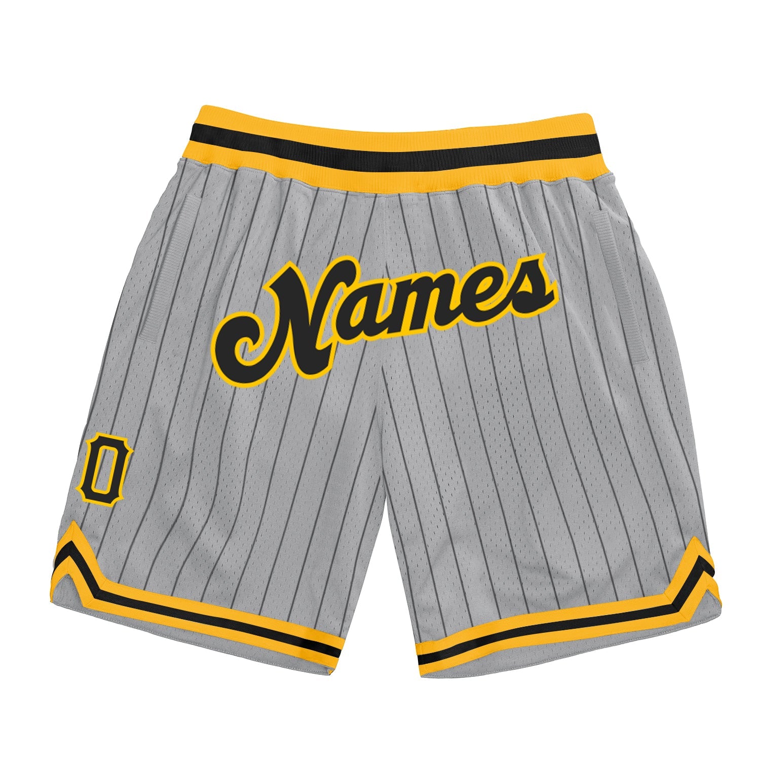 Custom Gray Black Pinstripe Black-Gold Authentic Basketball Shorts - Main View