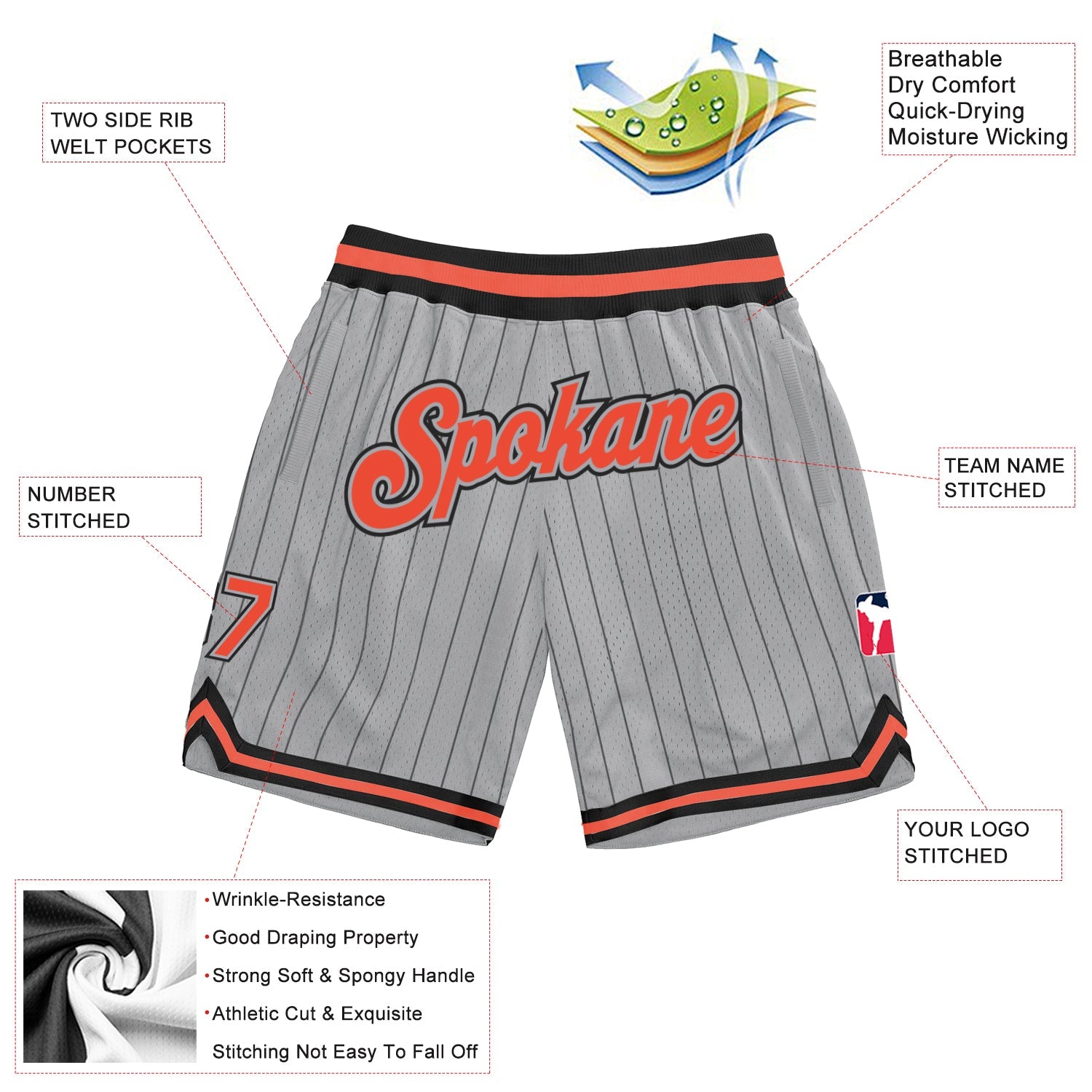 Custom Gray Black Pinstripe Orange-Black Authentic Basketball Shorts view 2