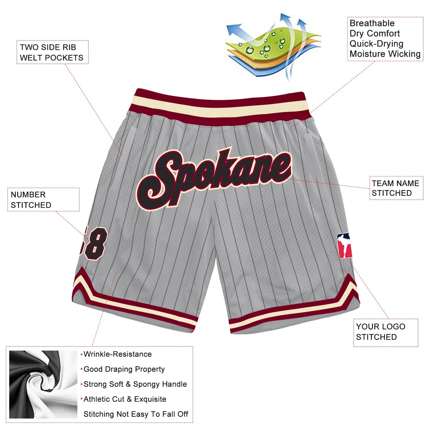 Custom Gray Black Pinstripe Black-Maroon Authentic Basketball Shorts view 2