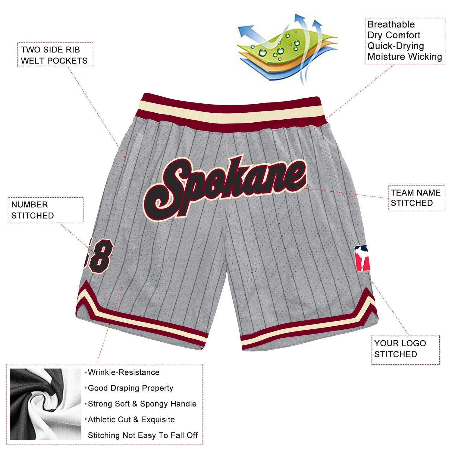 Custom Gray Black Pinstripe Black-Maroon Authentic Basketball Shorts view 2
