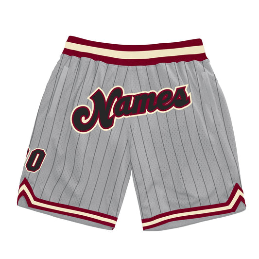 Custom Gray Black Pinstripe Black-Maroon Authentic Basketball Shorts - Main View