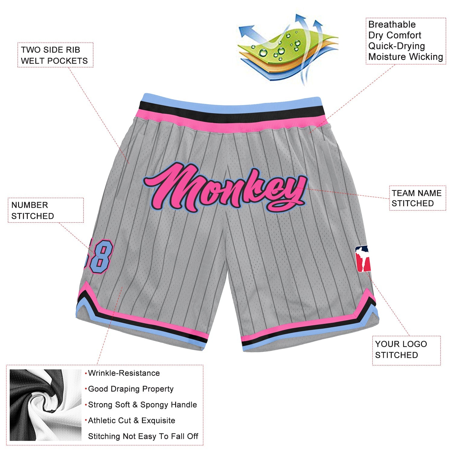 Custom Gray Black Pinstripe Pink-Light Blue Authentic Basketball Shorts view 2