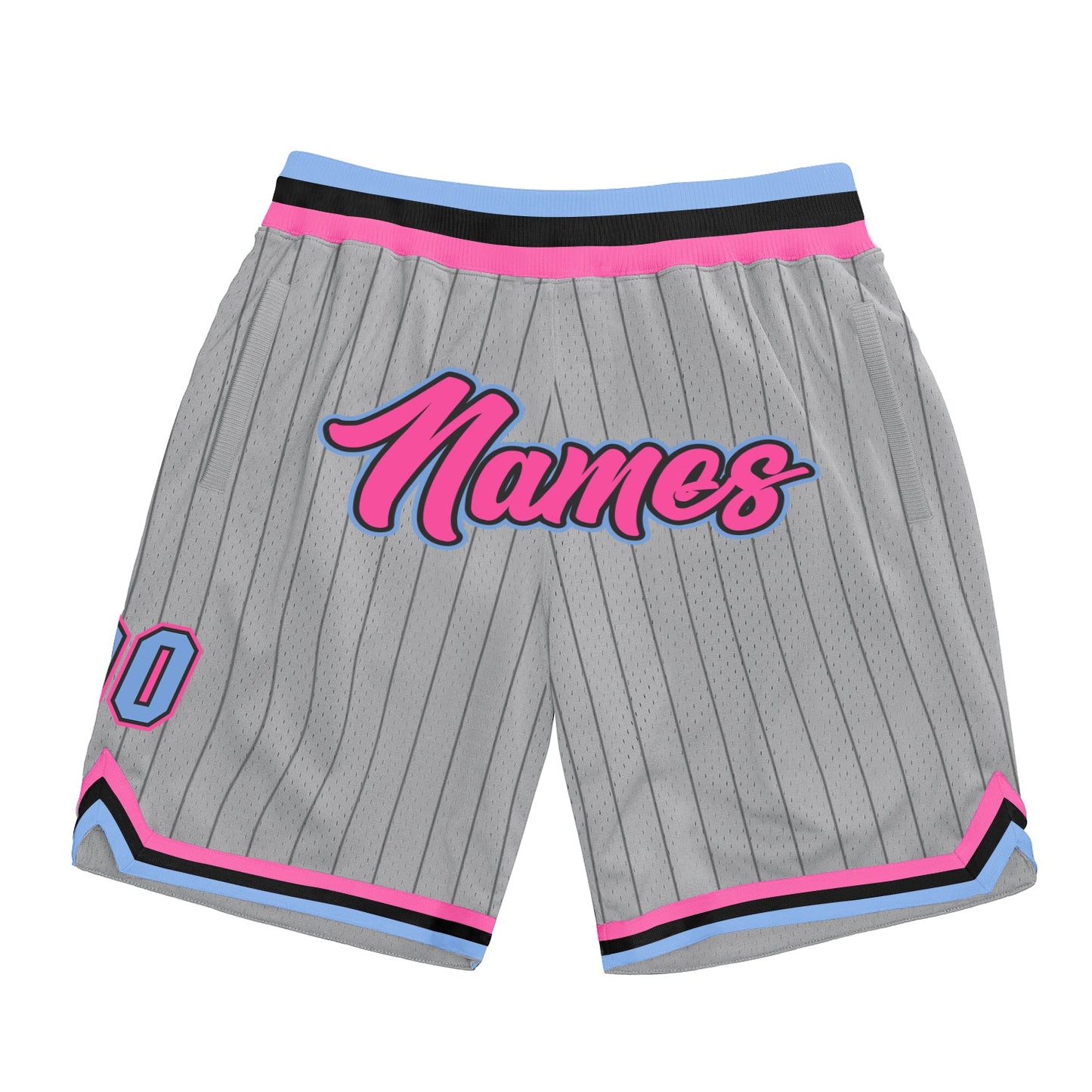 Custom Gray Black Pinstripe Pink-Light Blue Authentic Basketball Shorts - Main View