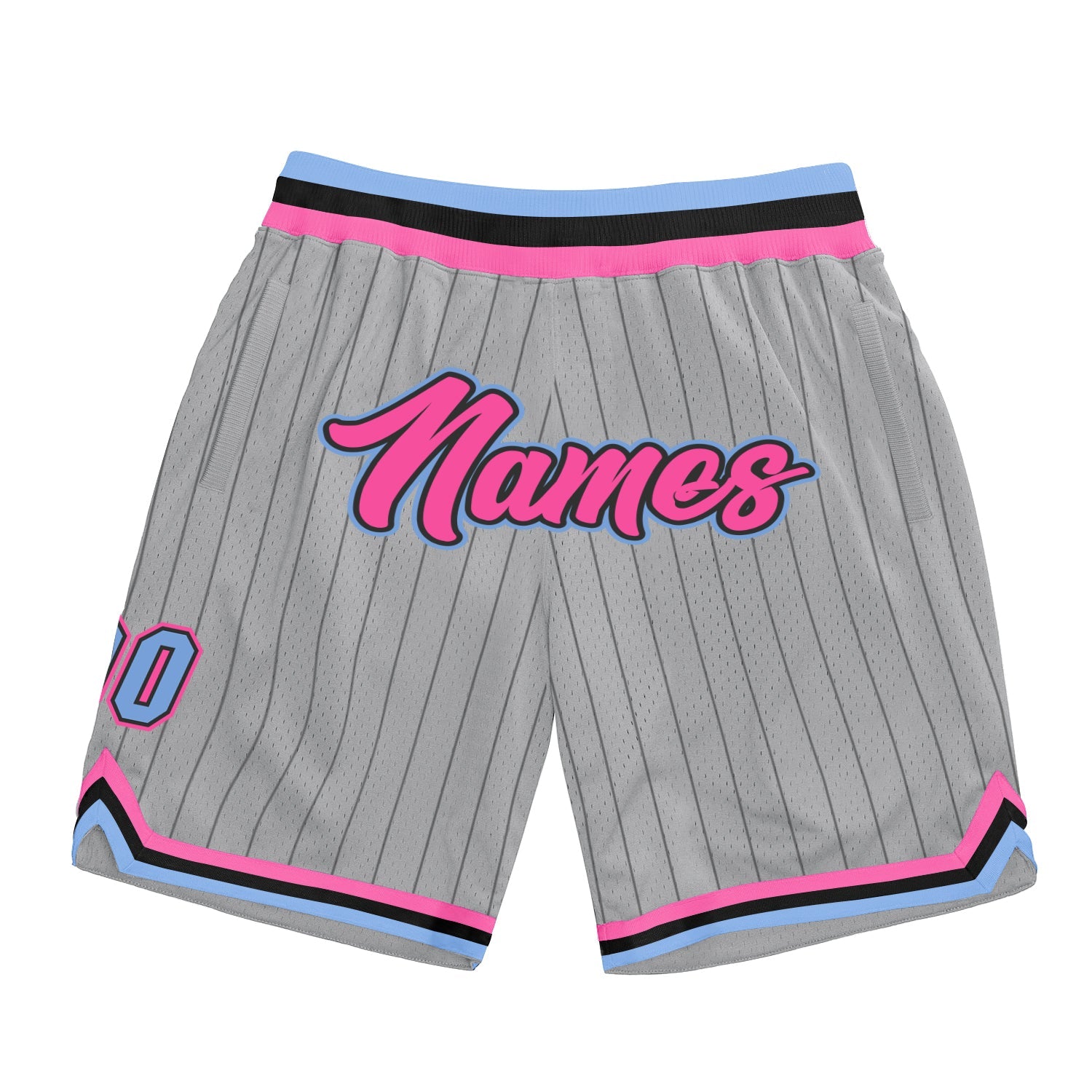 Custom Gray Black Pinstripe Pink-Light Blue Authentic Basketball Shorts - Main View
