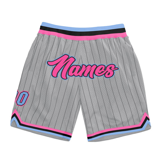 Custom Gray Black Pinstripe Pink-Light Blue Authentic Basketball Shorts - Main View