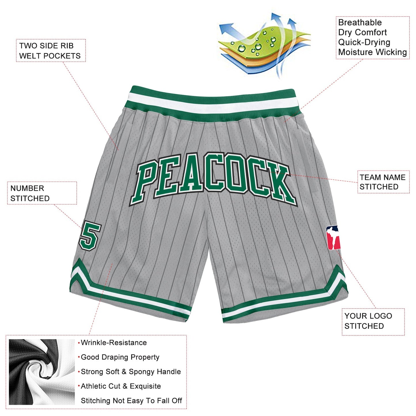 Custom Gray Black Pinstripe Kelly Green-White Authentic Basketball Shorts view 2