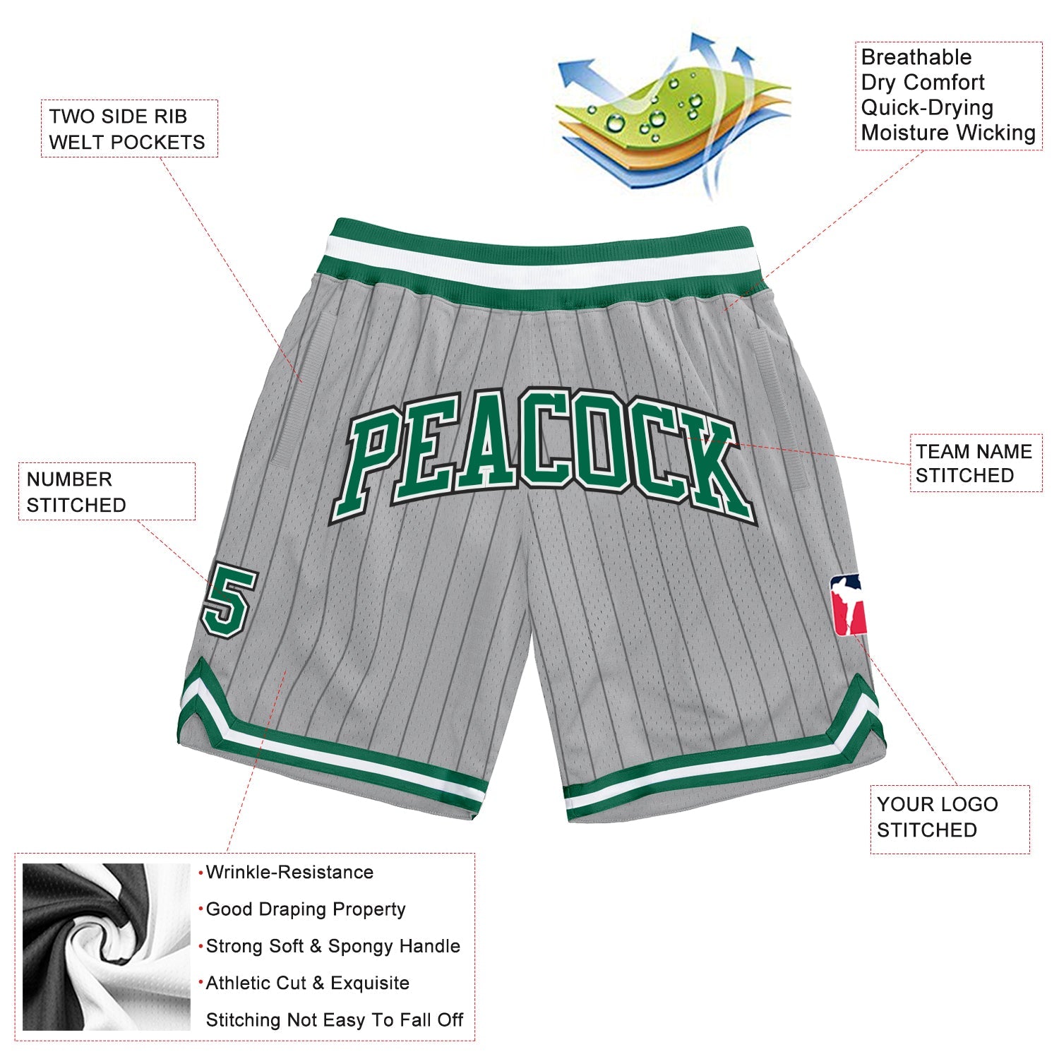 Custom Gray Black Pinstripe Kelly Green-White Authentic Basketball Shorts view 2