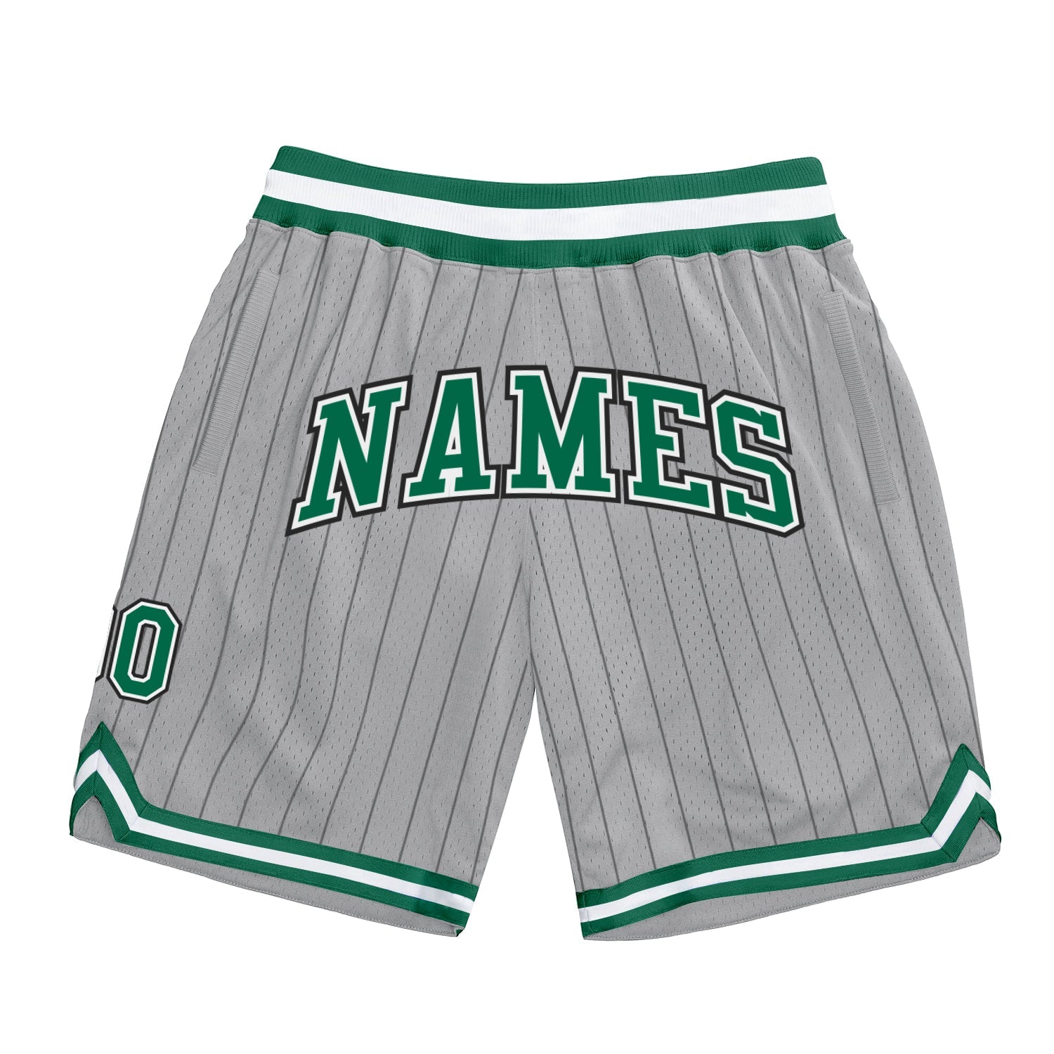 Custom Gray Black Pinstripe Kelly Green-White Authentic Basketball Shorts - Main View