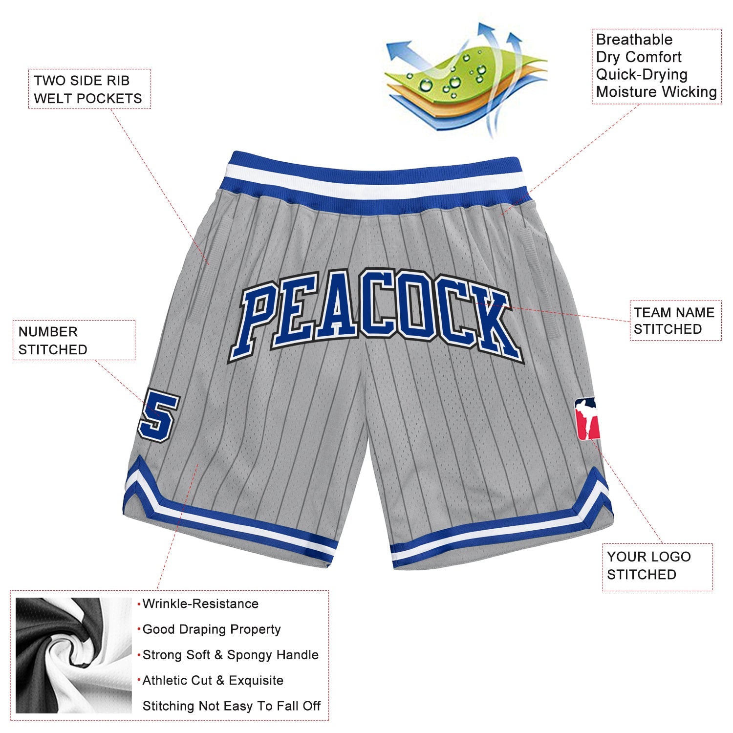 Custom Gray Black Pinstripe Royal-White Authentic Basketball Shorts view 2