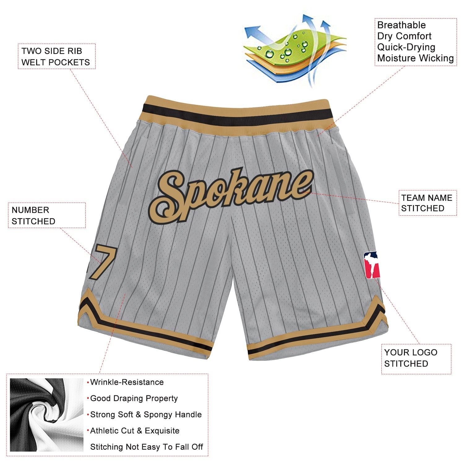 Custom Gray Black Pinstripe Old Gold-Black Authentic Basketball Shorts view 2