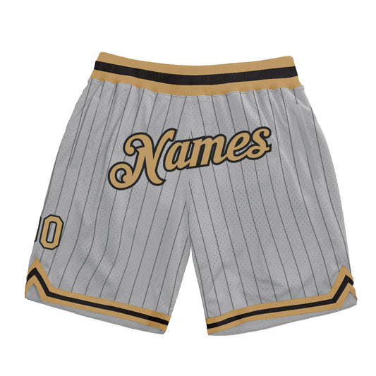 Custom Gray Black Pinstripe Old Gold-Black Authentic Basketball Shorts - Main View