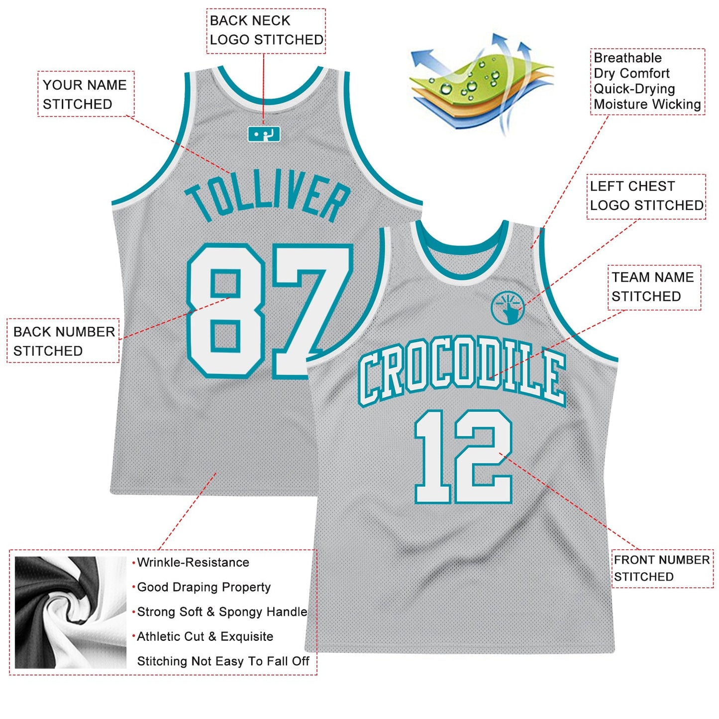 Custom Gray White-Teal Authentic Throwback Basketball Jersey view 2