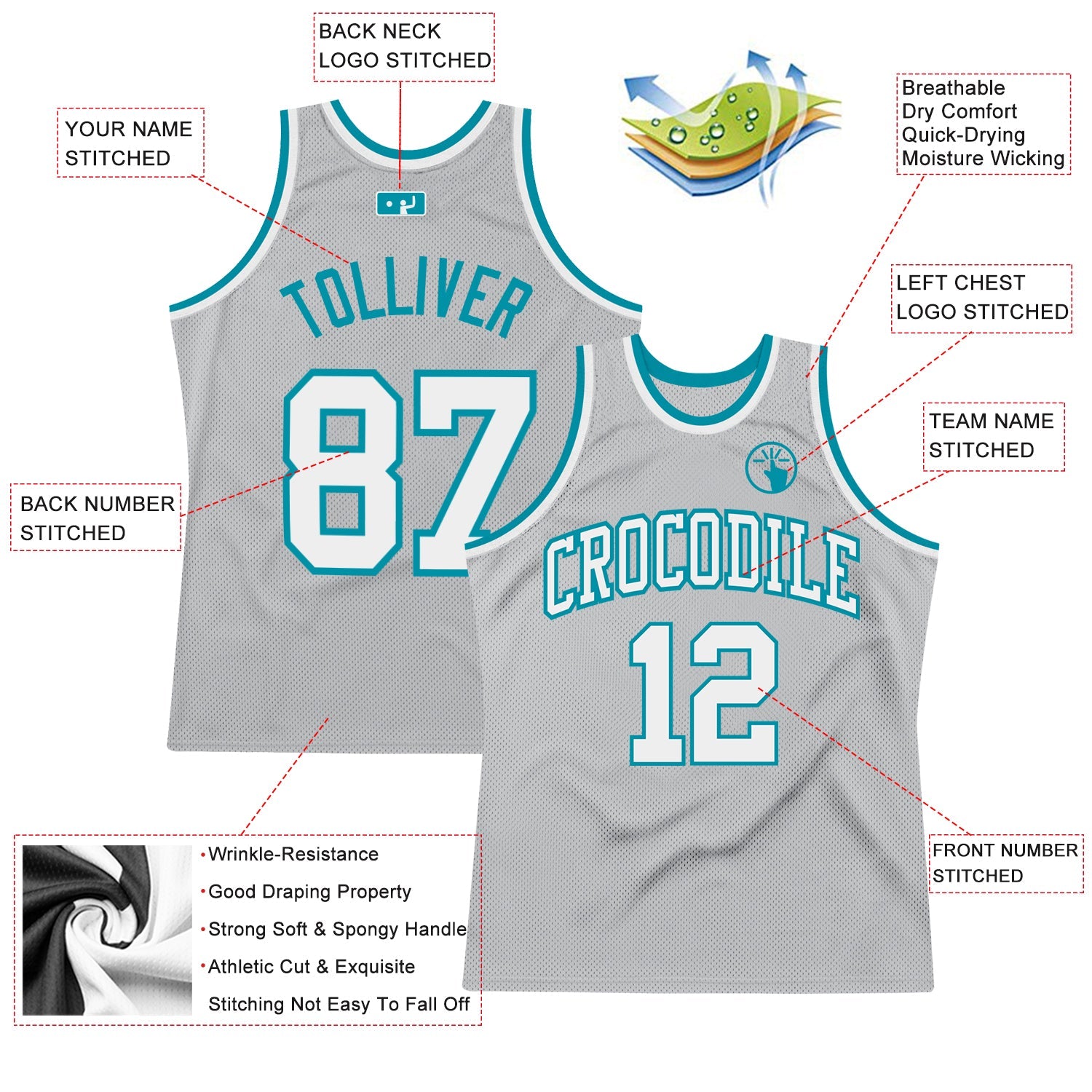 Custom Gray White-Teal Authentic Throwback Basketball Jersey view 2