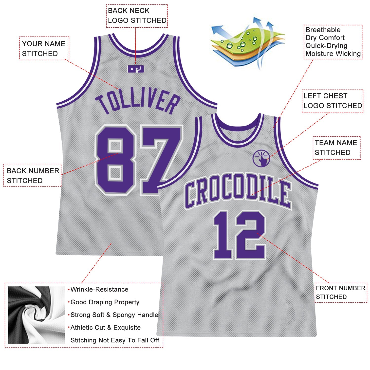 Custom Gray Purple-White Authentic Throwback Basketball Jersey view 2