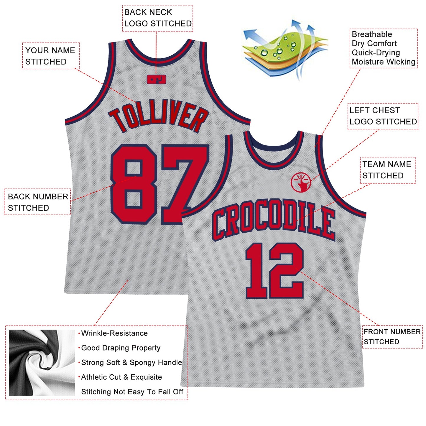Custom Gray Red-Navy Authentic Throwback Basketball Jersey view 2