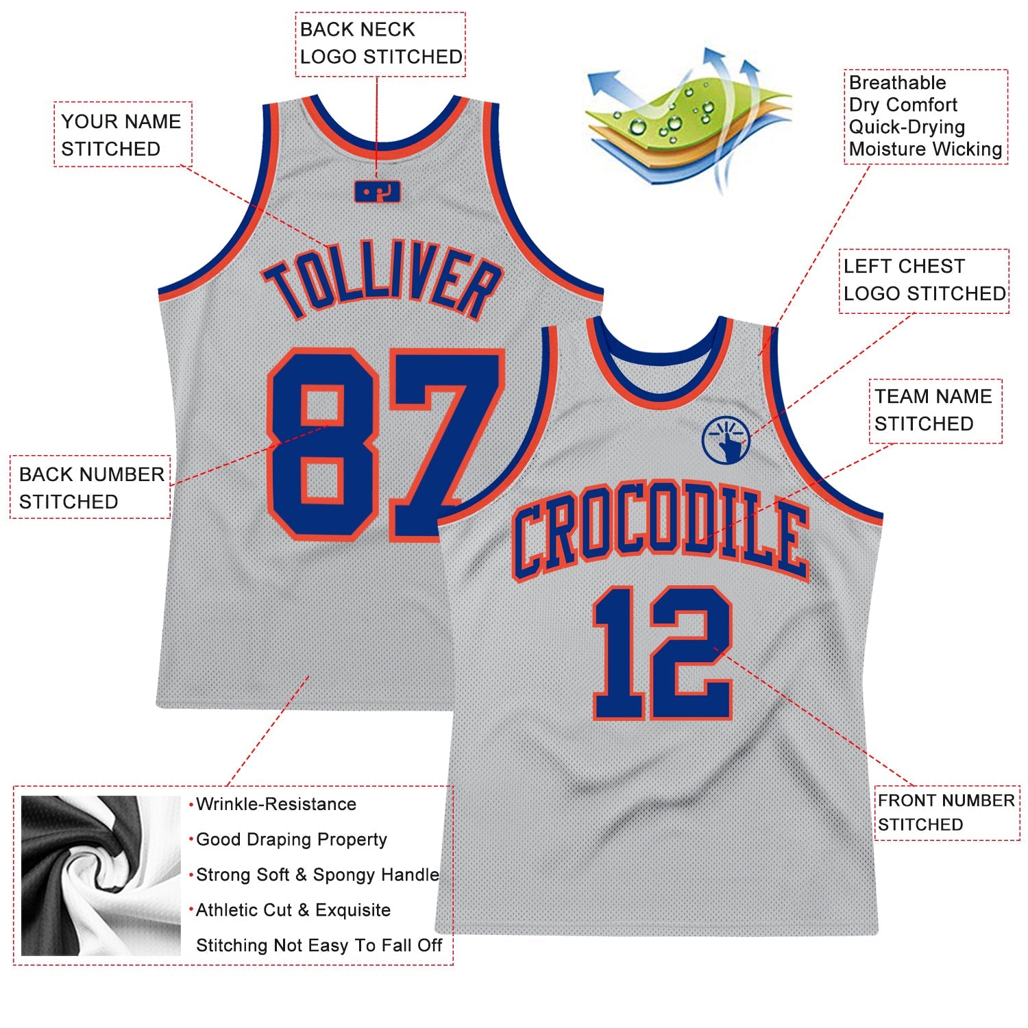 Custom Gray Royal-Orange Authentic Throwback Basketball Jersey view 2