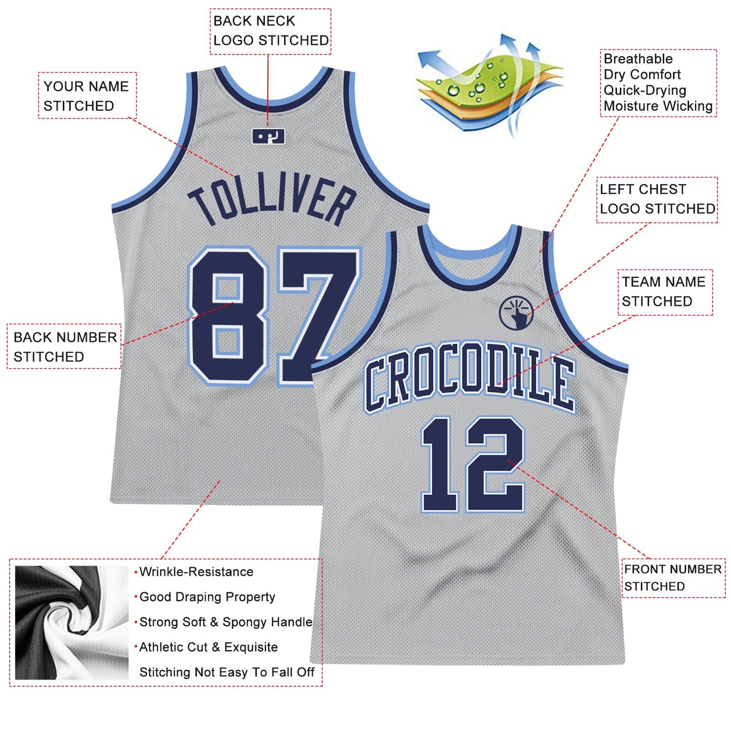 Custom Gray Navy-Light Blue Authentic Throwback Basketball Jersey view 2