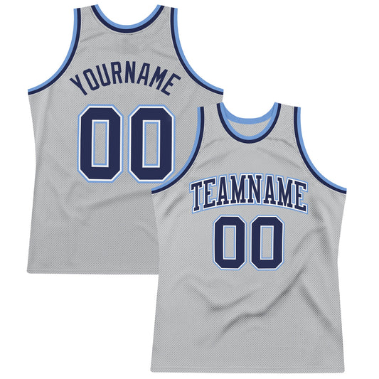Custom Gray Navy-Light Blue Authentic Throwback Basketball Jersey - Main View