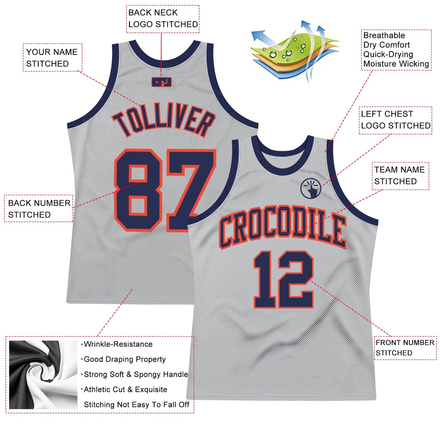 Custom Gray Navy-Orange Authentic Throwback Basketball Jersey view 2