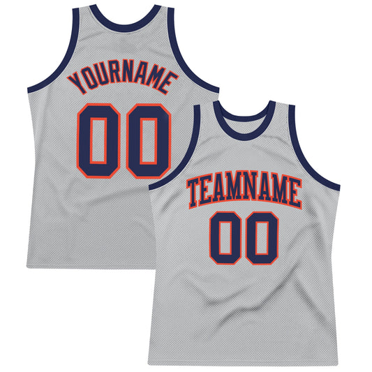 Custom Gray Navy-Orange Authentic Throwback Basketball Jersey - Main View