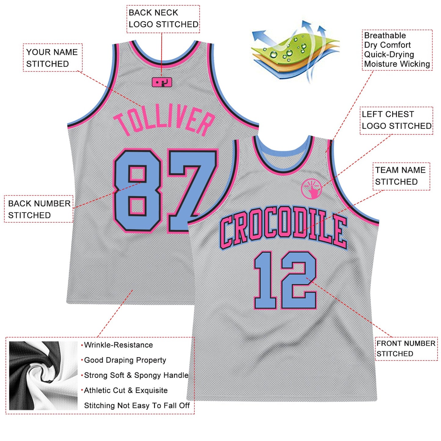 Custom Gray Light Blue-Pink Authentic Throwback Basketball Jersey view 2