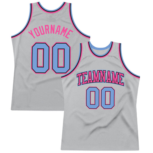 Custom Gray Light Blue-Pink Authentic Throwback Basketball Jersey - Main View