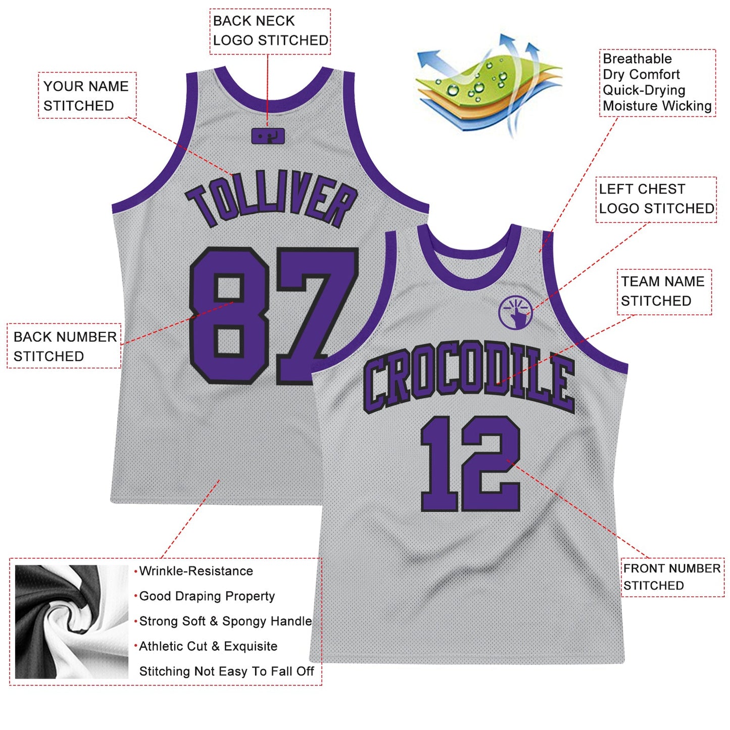 Custom Gray Purple-Black Authentic Throwback Basketball Jersey view 2