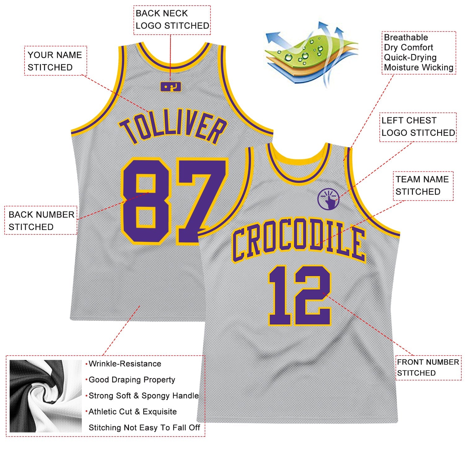 Custom Gray Purple-Gold Authentic Throwback Basketball Jersey view 2