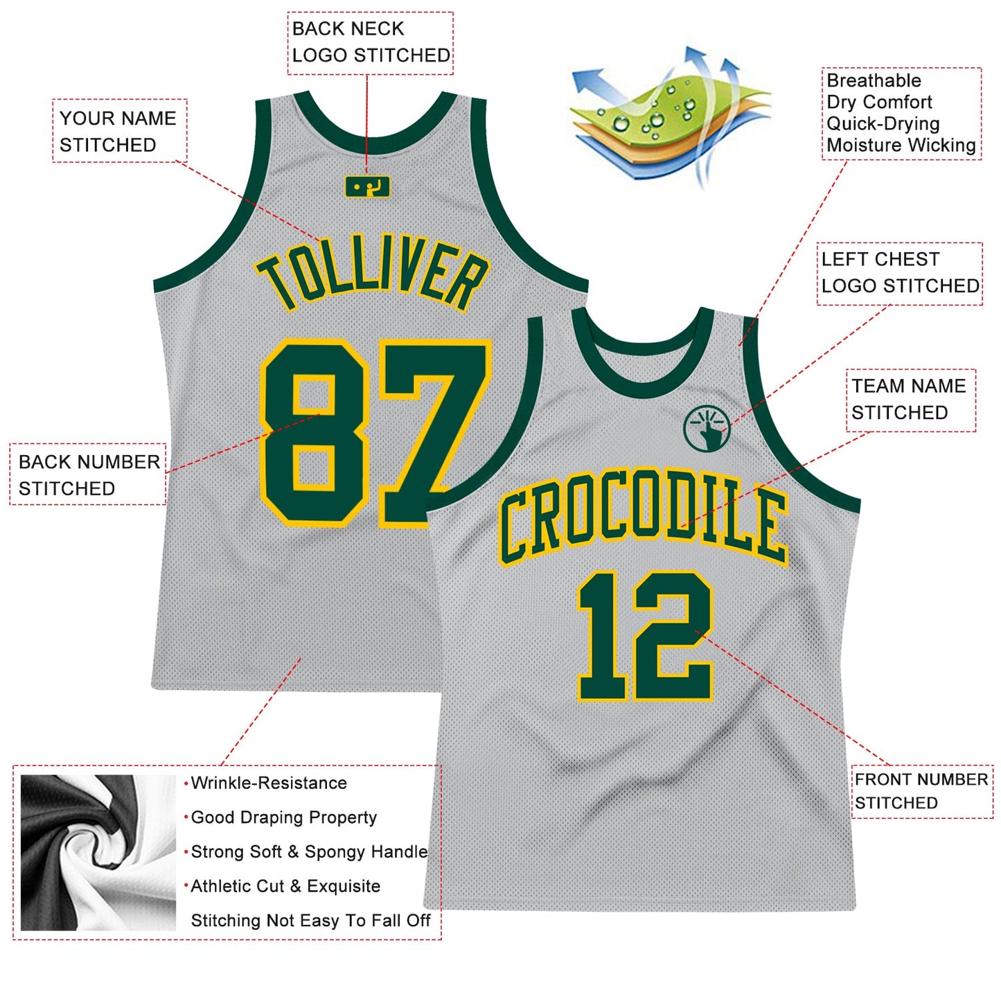 Custom Gray Green-Gold Authentic Throwback Basketball Jersey view 2