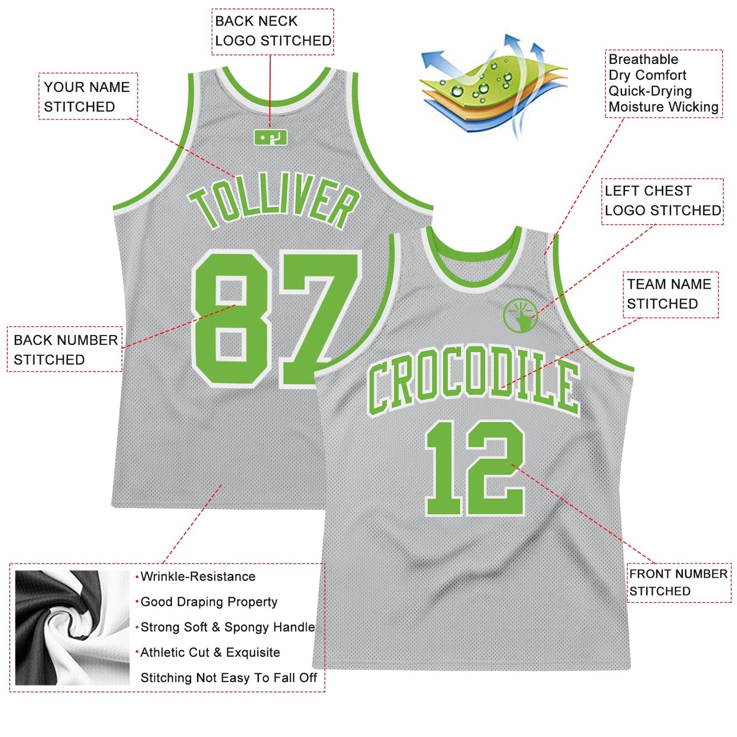 Custom Gray Neon Green-White Authentic Throwback Basketball Jersey view 2