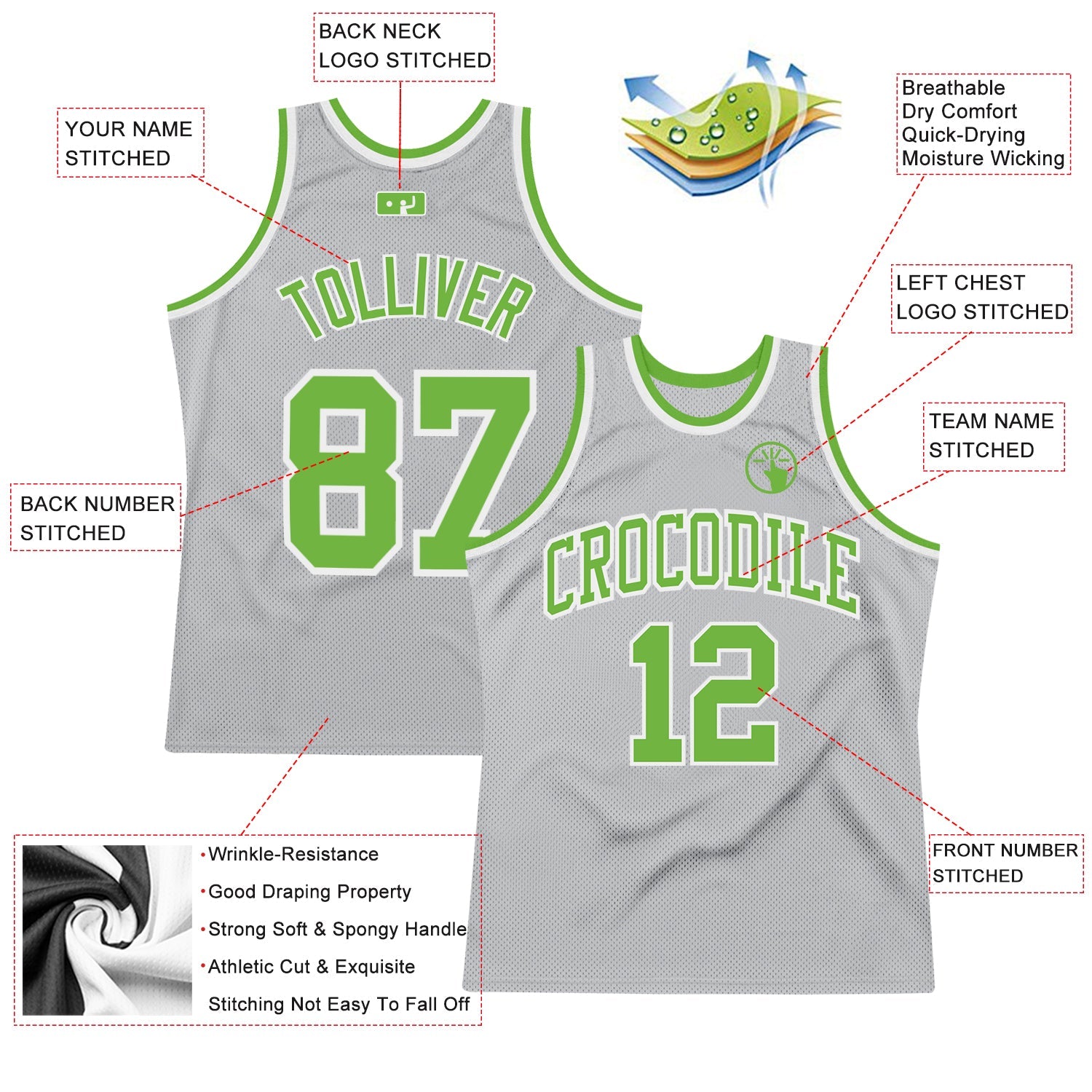Custom Gray Neon Green-White Authentic Throwback Basketball Jersey view 2
