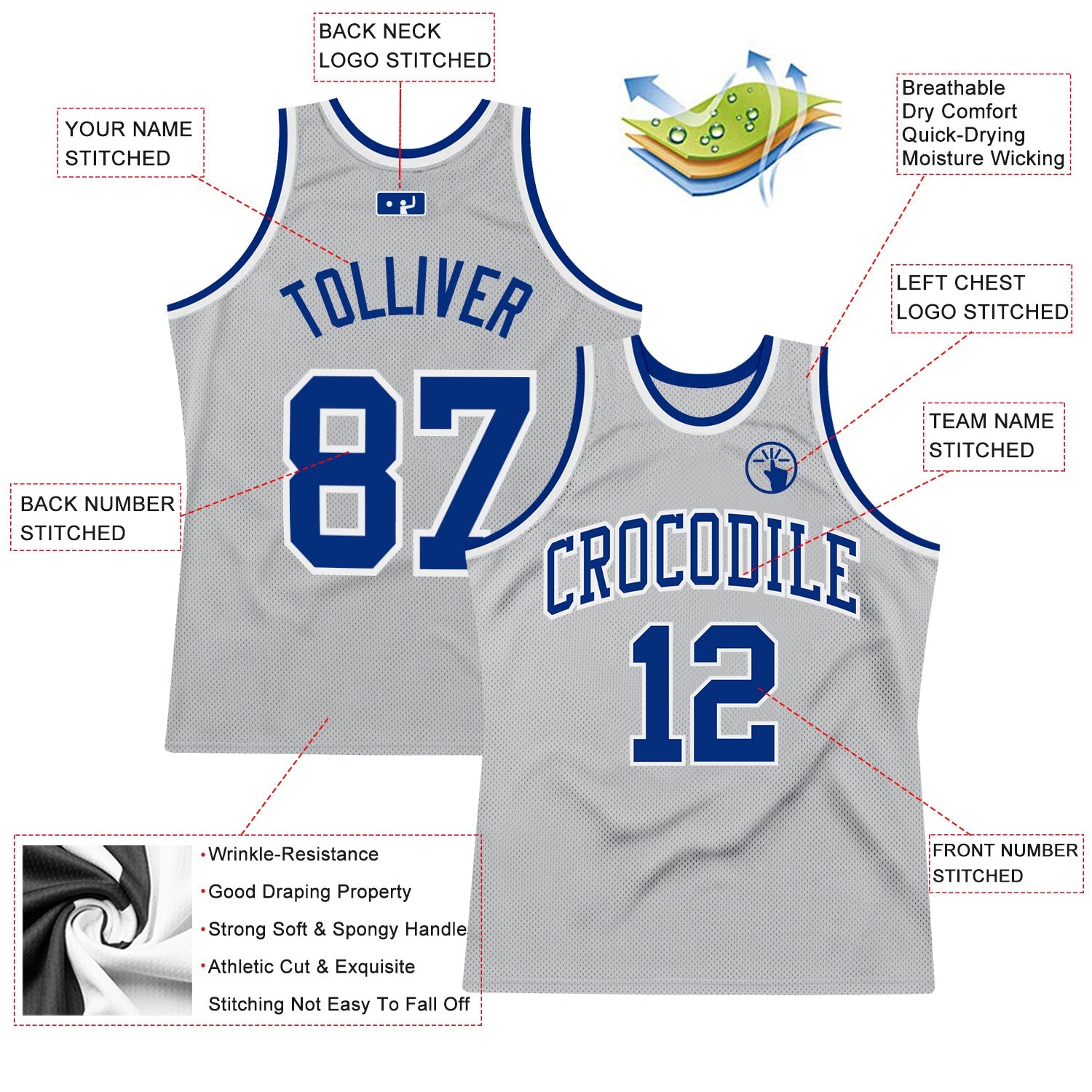 Custom Gray Royal-White Authentic Throwback Basketball Jersey view 2
