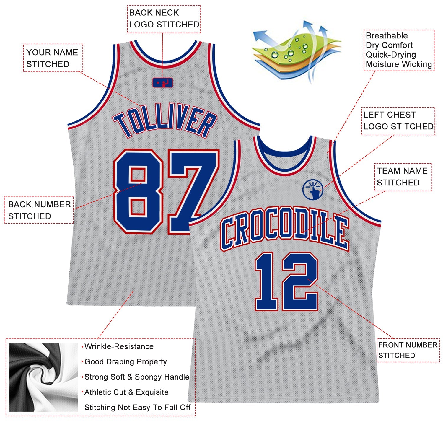 Custom Gray Royal-Red Authentic Throwback Basketball Jersey view 2
