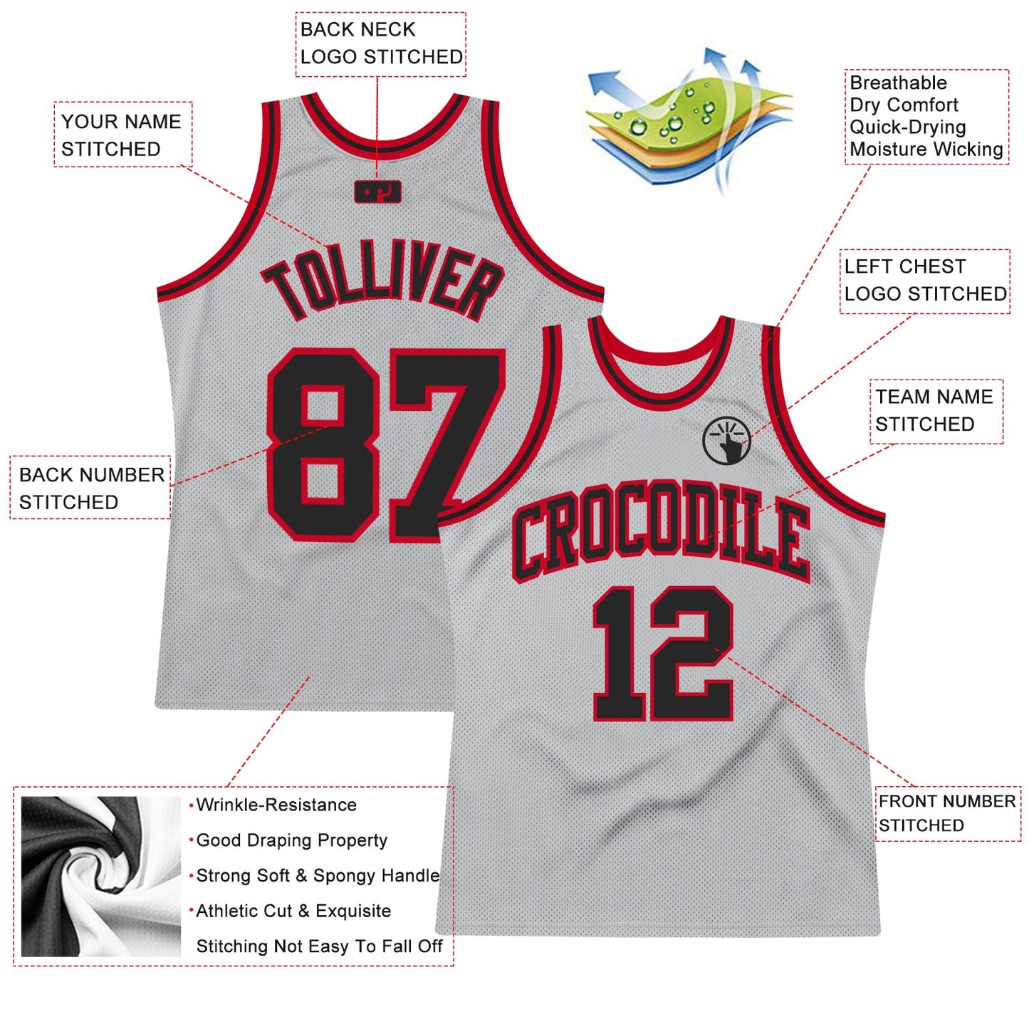 Custom Gray Black-Red Authentic Throwback Basketball Jersey view 2