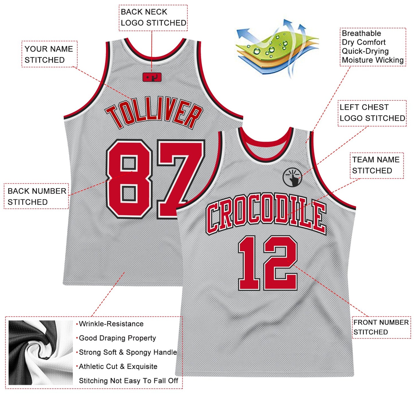 Custom Gray Red-Black Authentic Throwback Basketball Jersey view 2