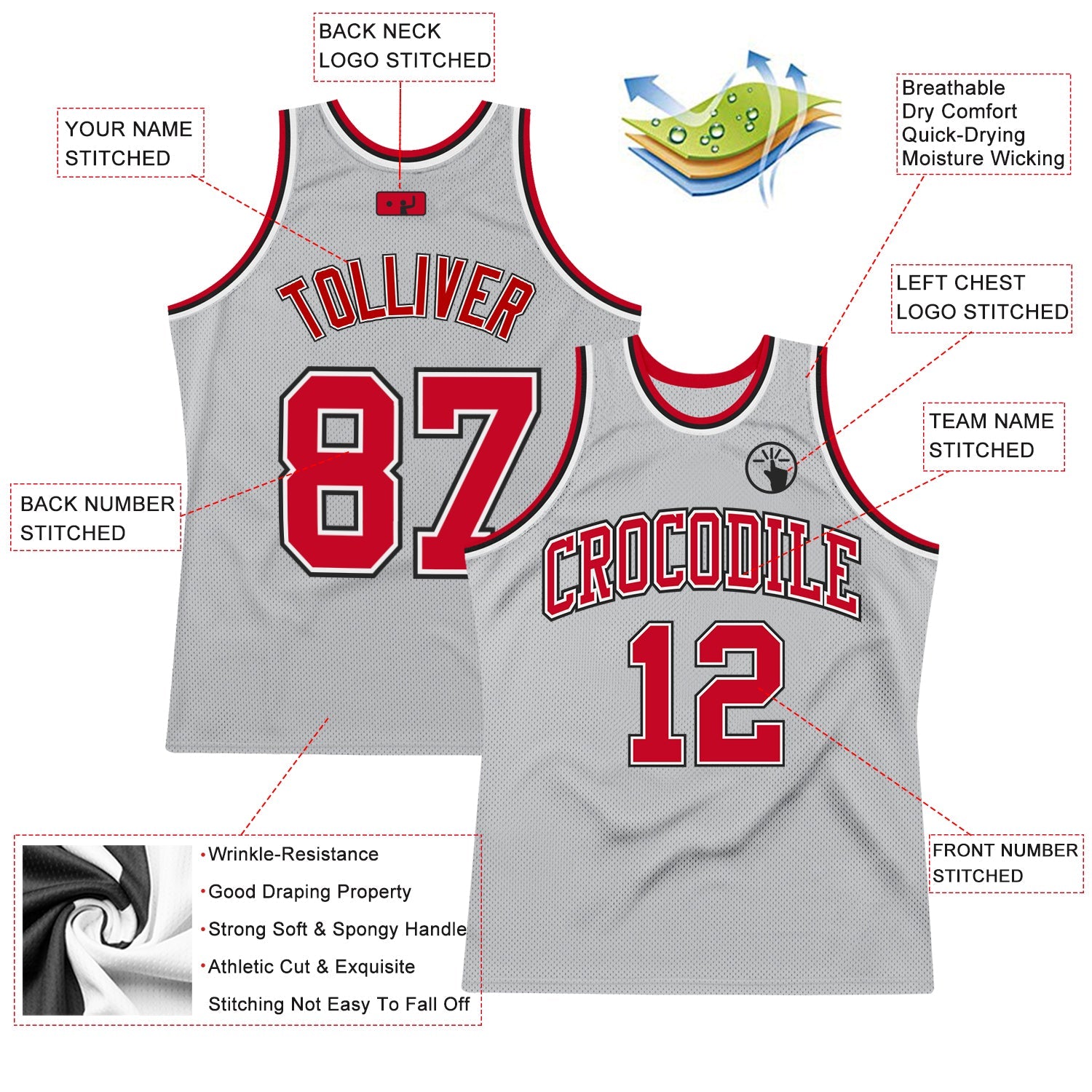 Custom Gray Red-Black Authentic Throwback Basketball Jersey view 2