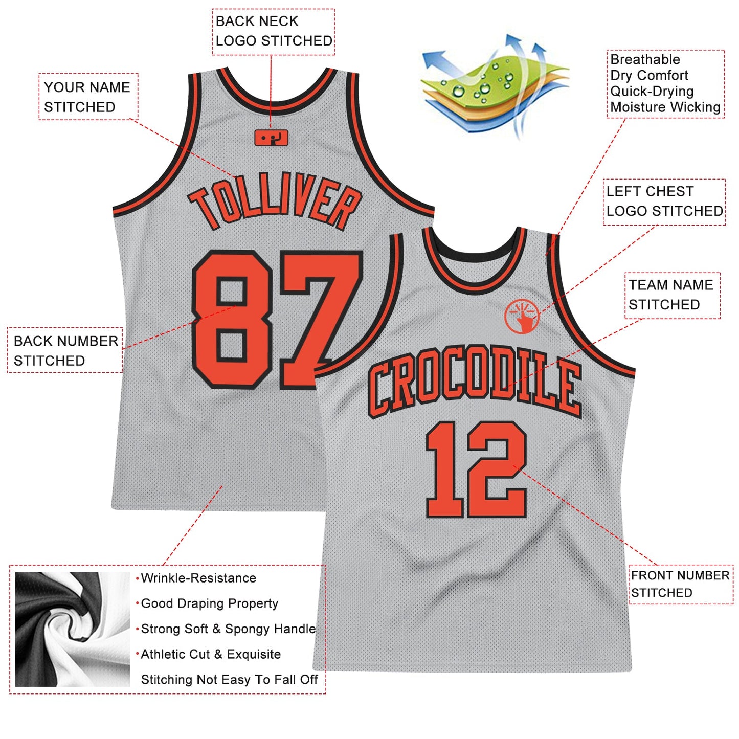 Custom Gray Orange-Black Authentic Throwback Basketball Jersey view 2