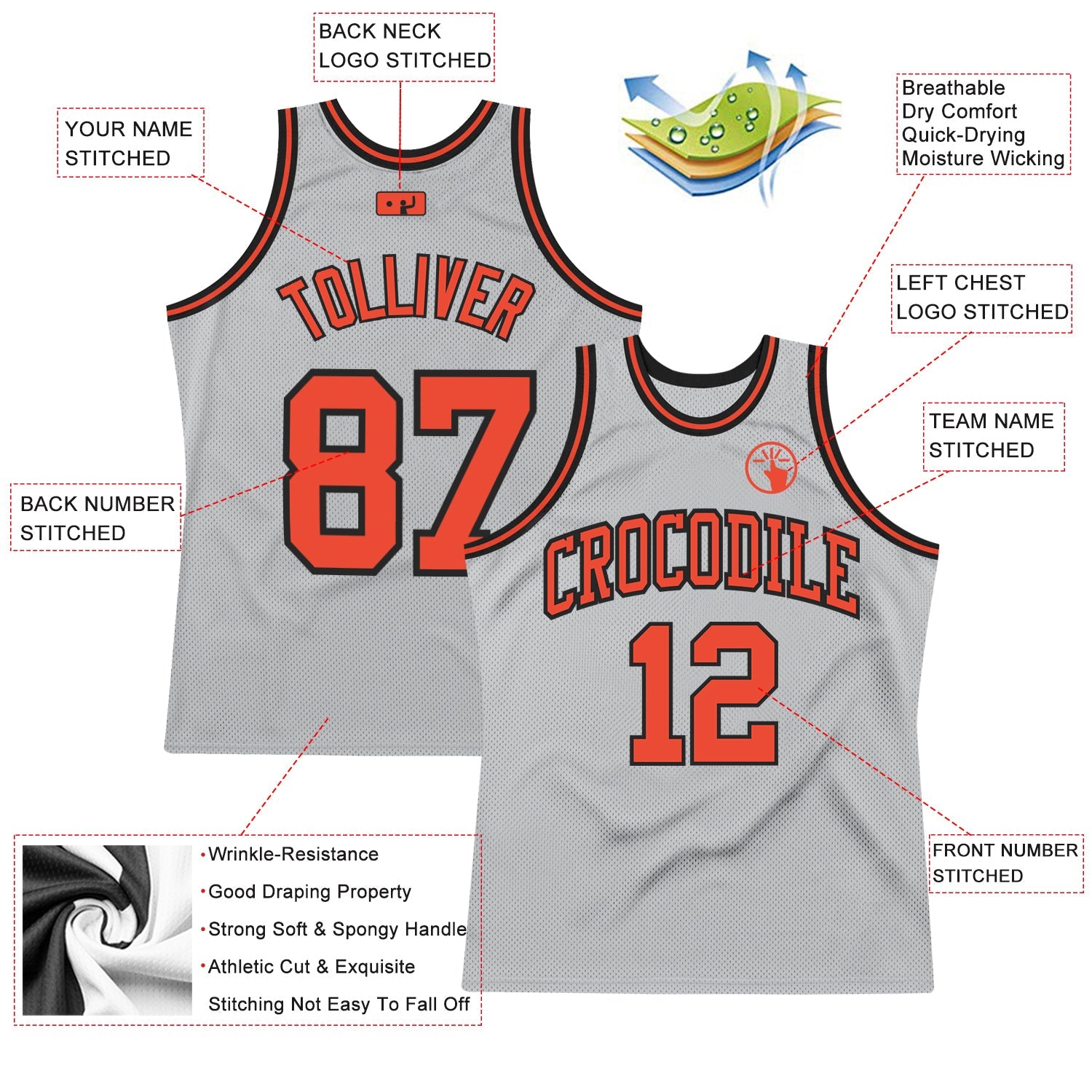 Custom Gray Orange-Black Authentic Throwback Basketball Jersey view 2