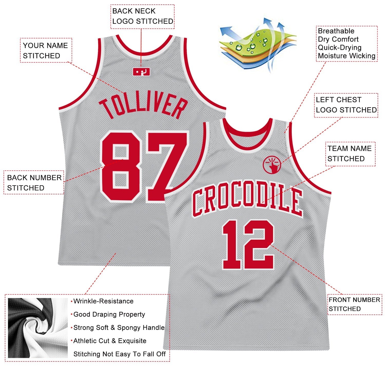 Custom Gray Red-White Authentic Throwback Basketball Jersey view 2