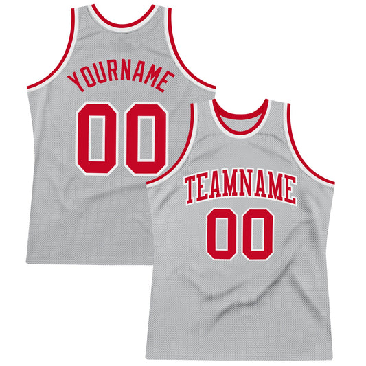 Custom Gray Red-White Authentic Throwback Basketball Jersey - Main View