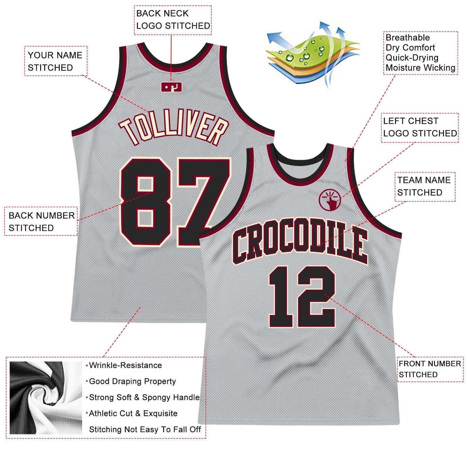 Custom Gray Black-Maroon Authentic Throwback Basketball Jersey view 2
