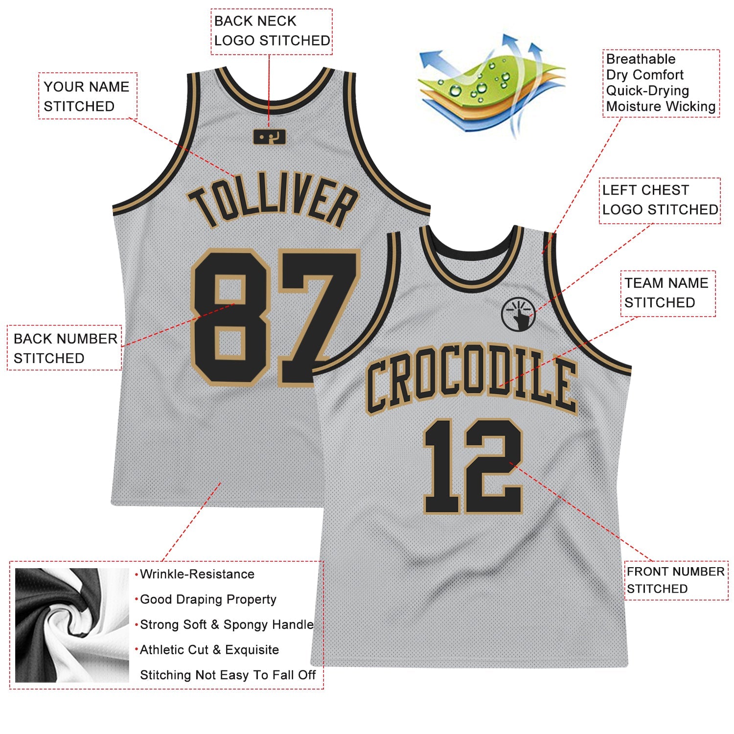 Custom Gray Black-Old Gold Authentic Throwback Basketball Jersey view 3