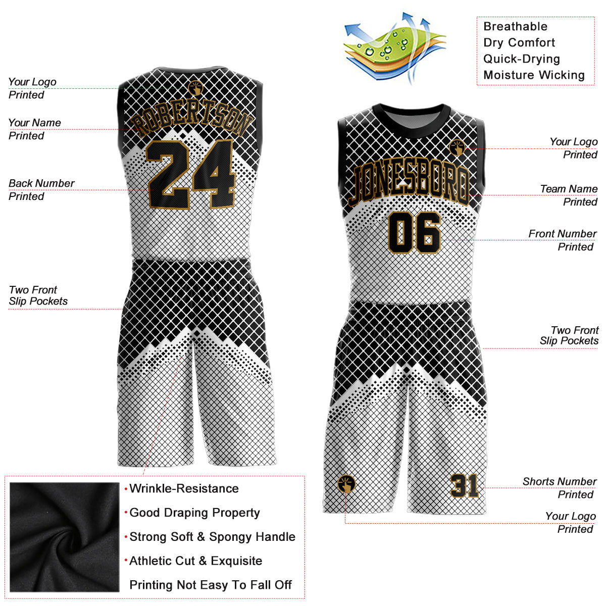 Custom Gray Black-Old Gold Round Neck Sublimation Basketball Uniform Jersey view 2