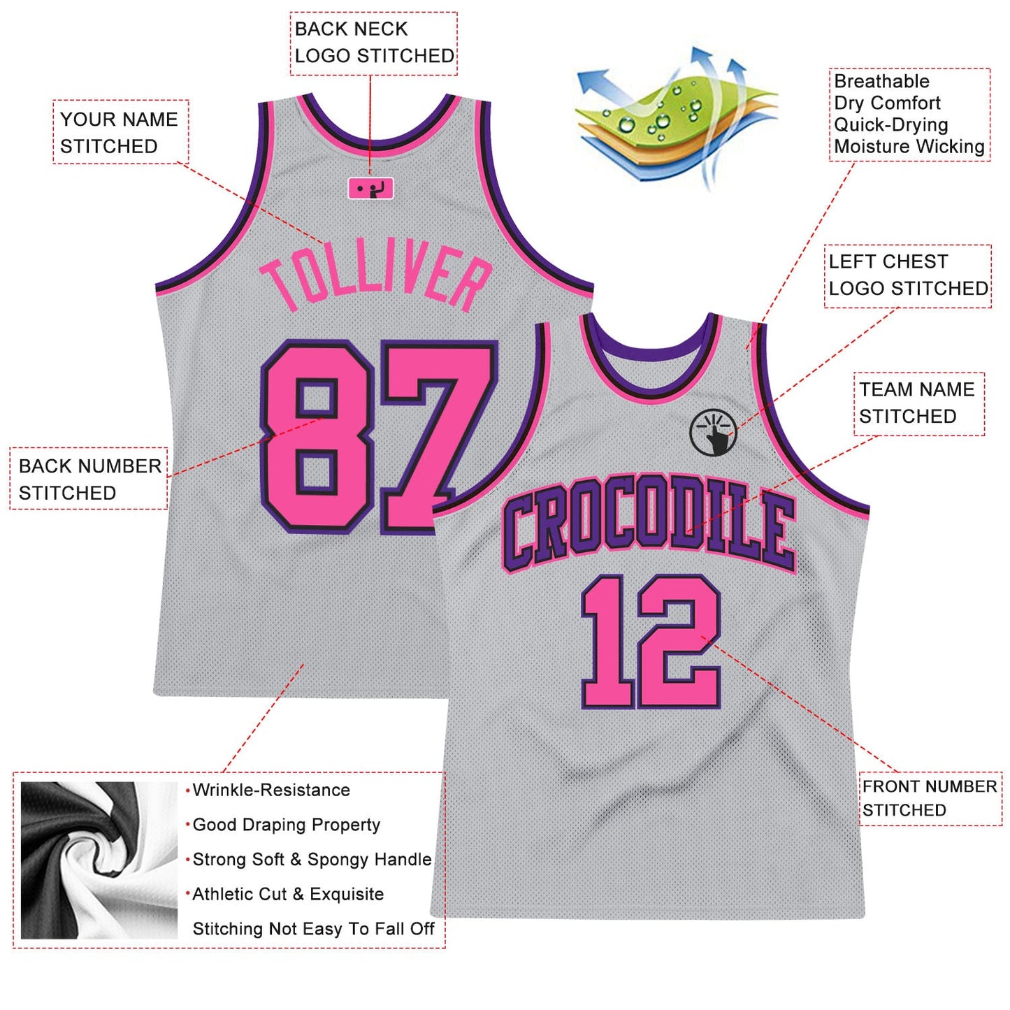 Custom Gray Pink Black-Purple Authentic Throwback Basketball Jersey view 2